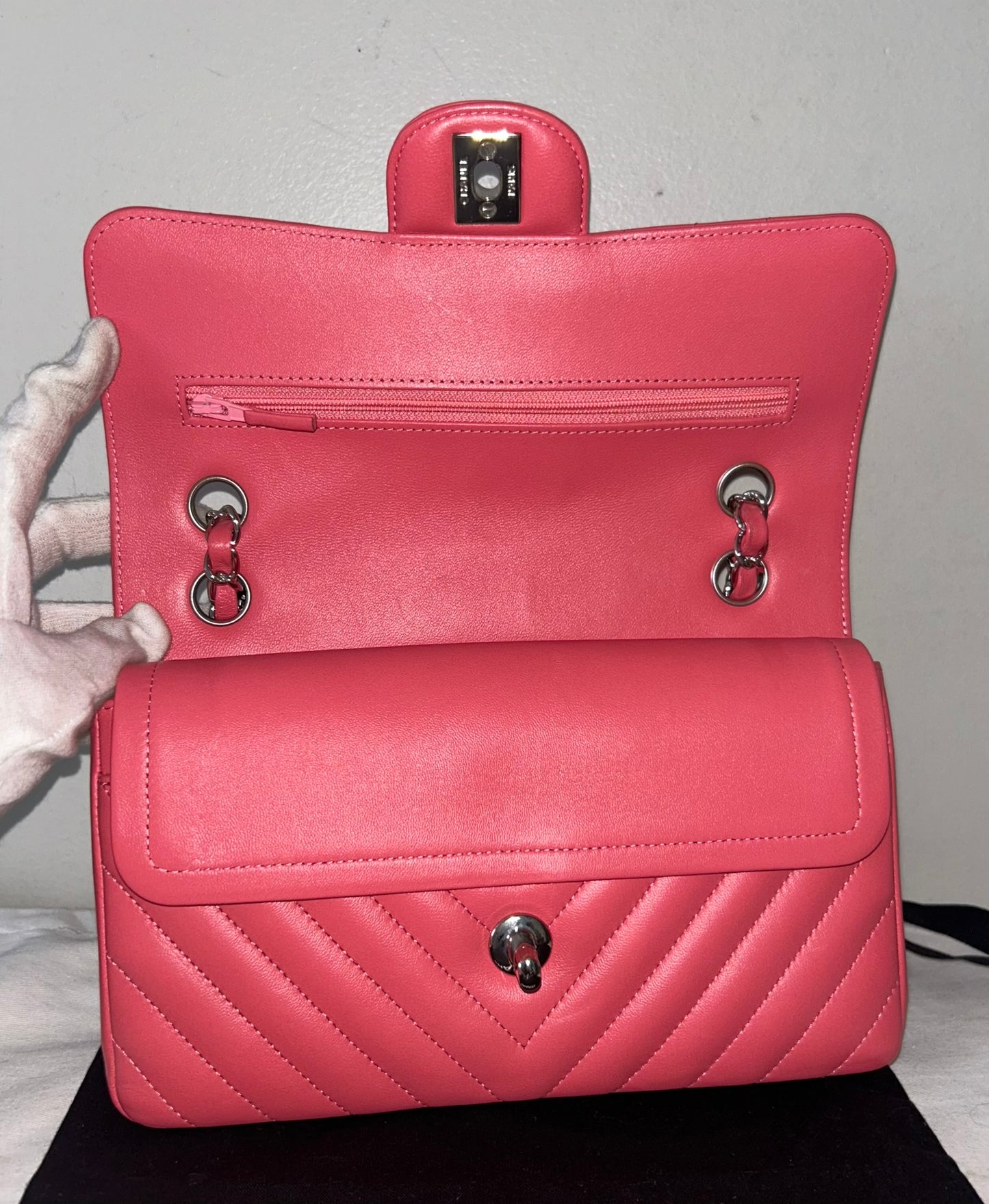 CHANEL Classic CC Small Double Flap Chevron Quilted Handbag Pink