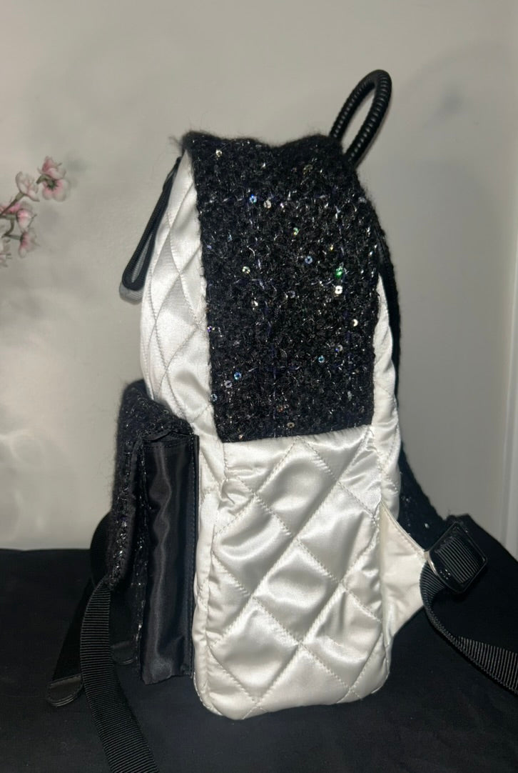 CHANEL Tweed Nylon Quilted Astronaut Essentials Medium Backpack in White/Black