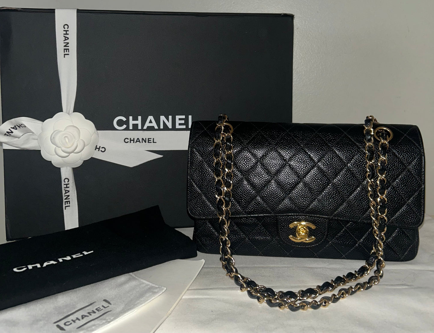 CHANEL Classic Medium Double Flap Quilted Caviar Leather Handbag Black/24K Gold