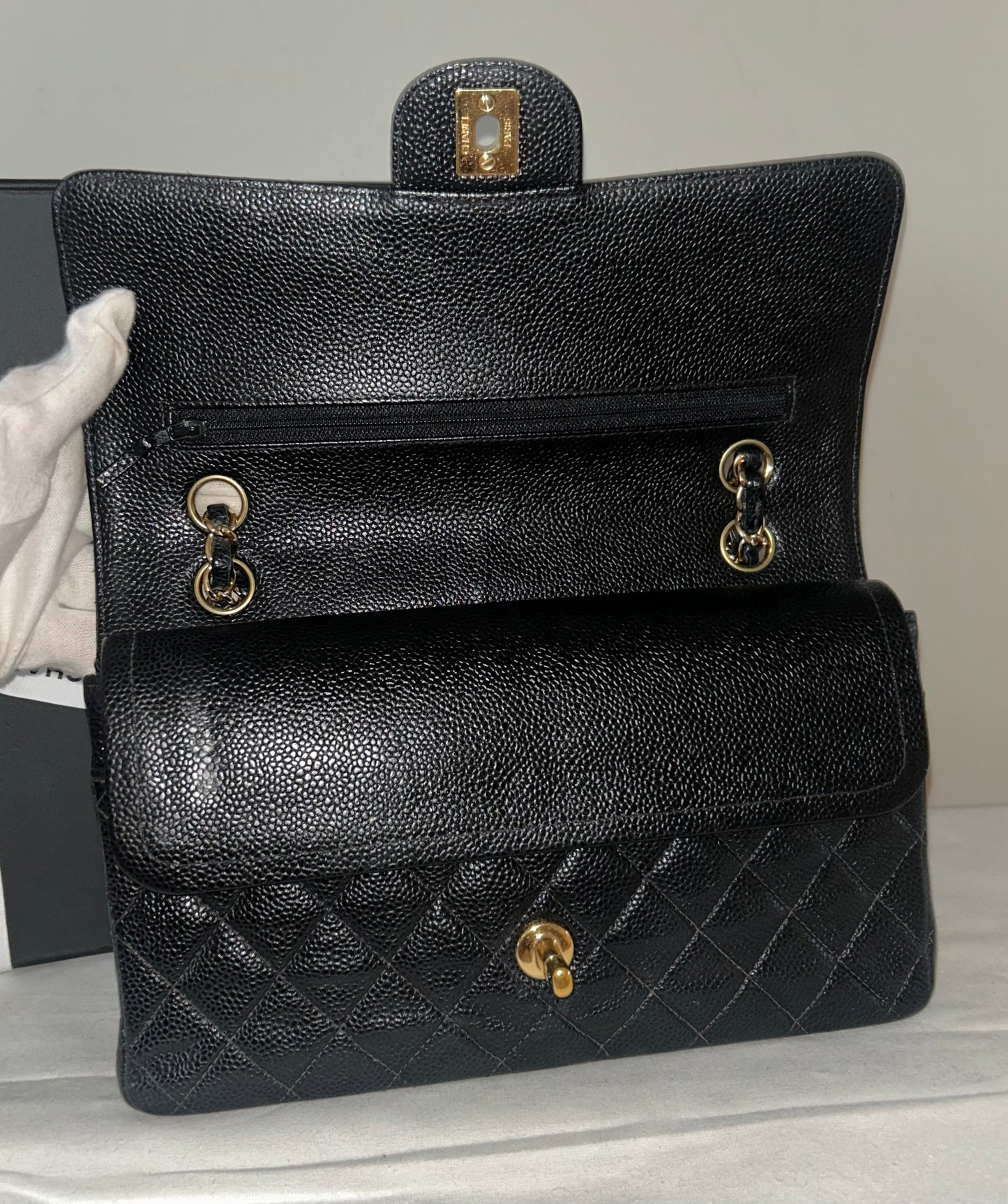 CHANEL Classic Medium Double Flap Quilted Caviar Leather Handbag Black/24K Gold