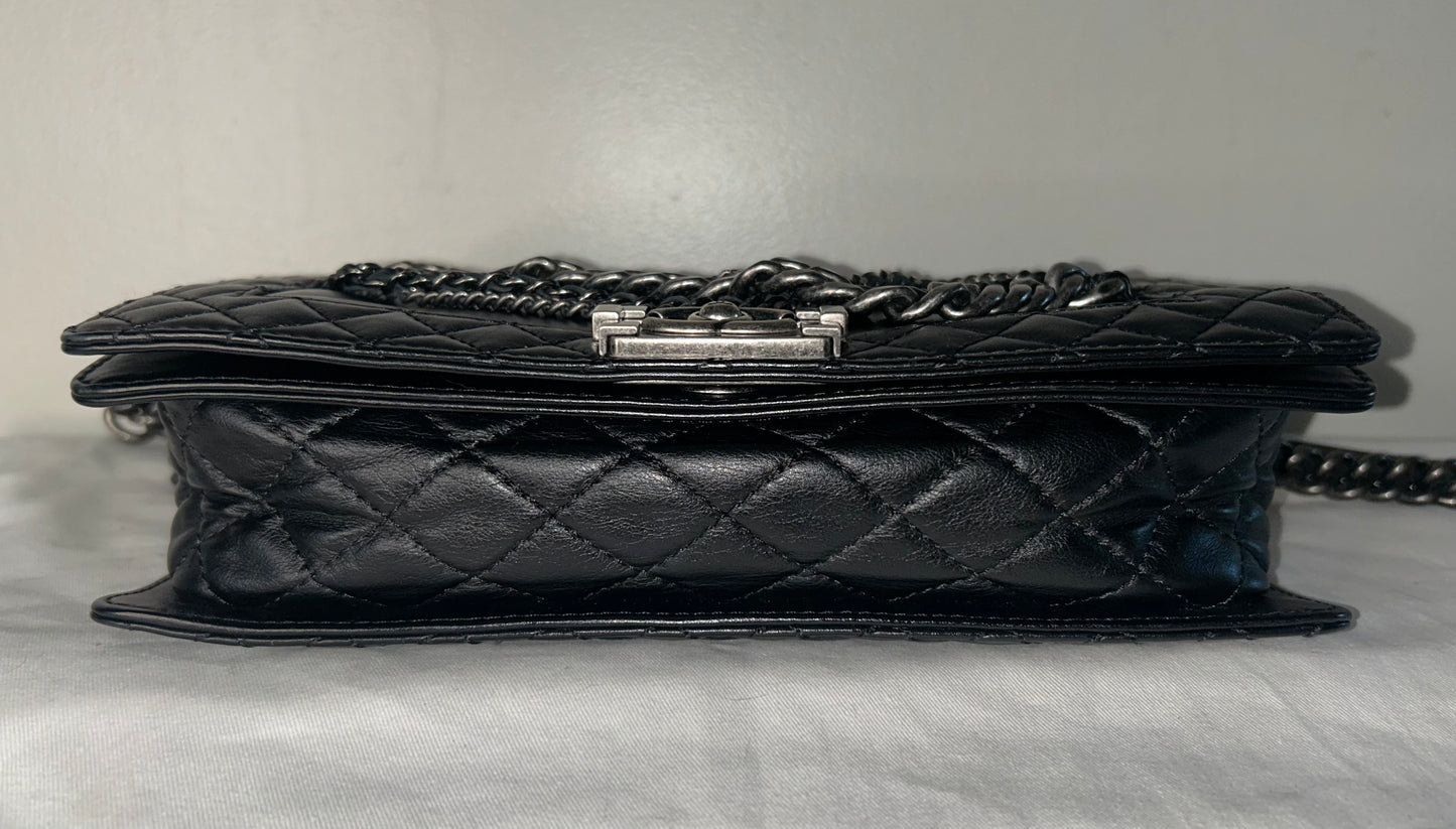 CHANEL Calfskin Enchained Chains New Medium Boy Flap Bag Black