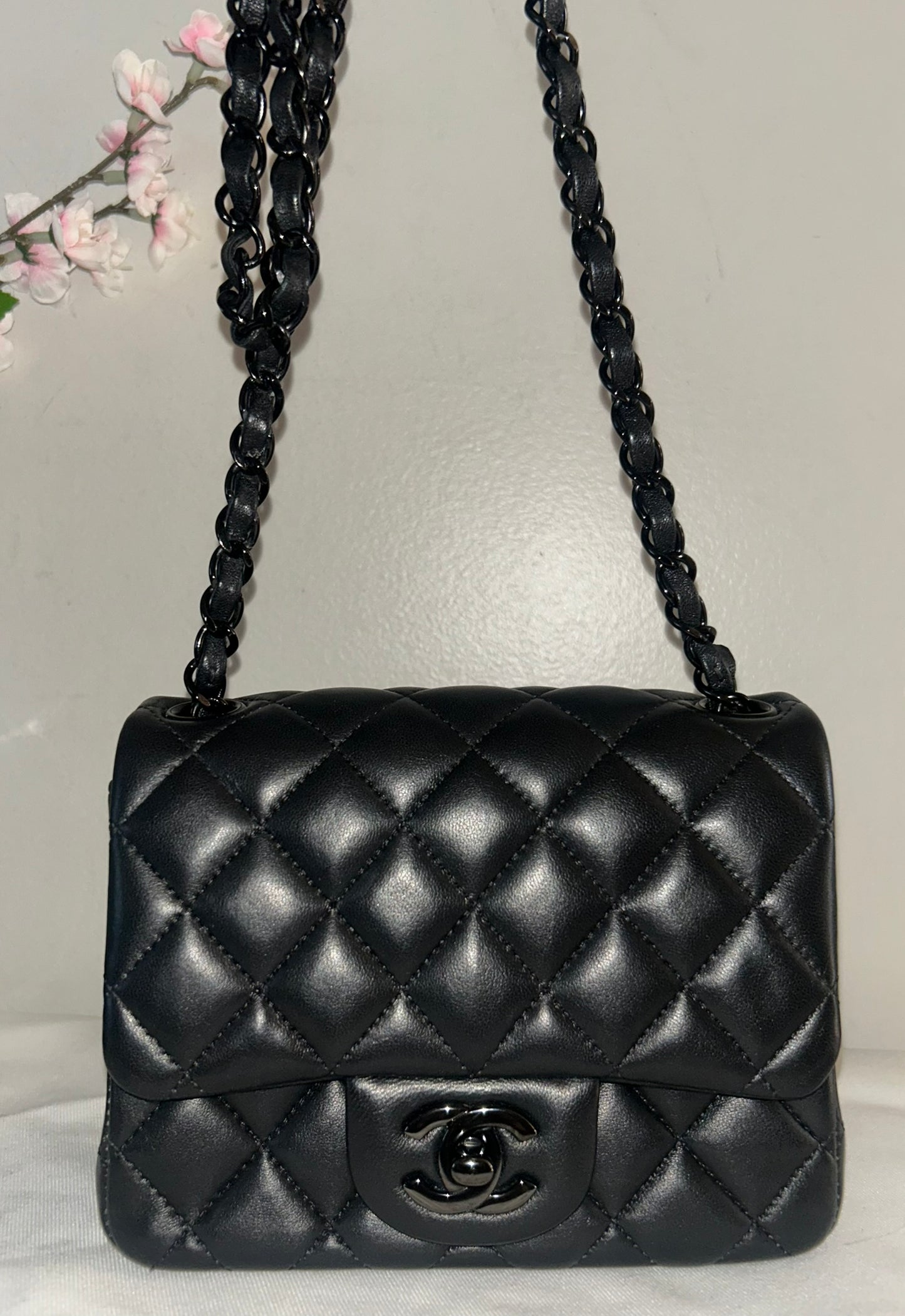 CHANEL "So Black" Mini Square Classic Flap Bag Quilted Lambskin Black