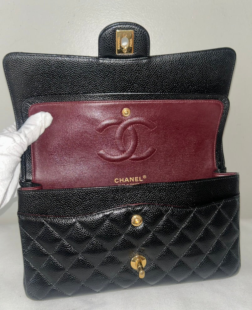 CHANEL Medium Classic Double Flap Caviar Quilted Handbag Black / Gold