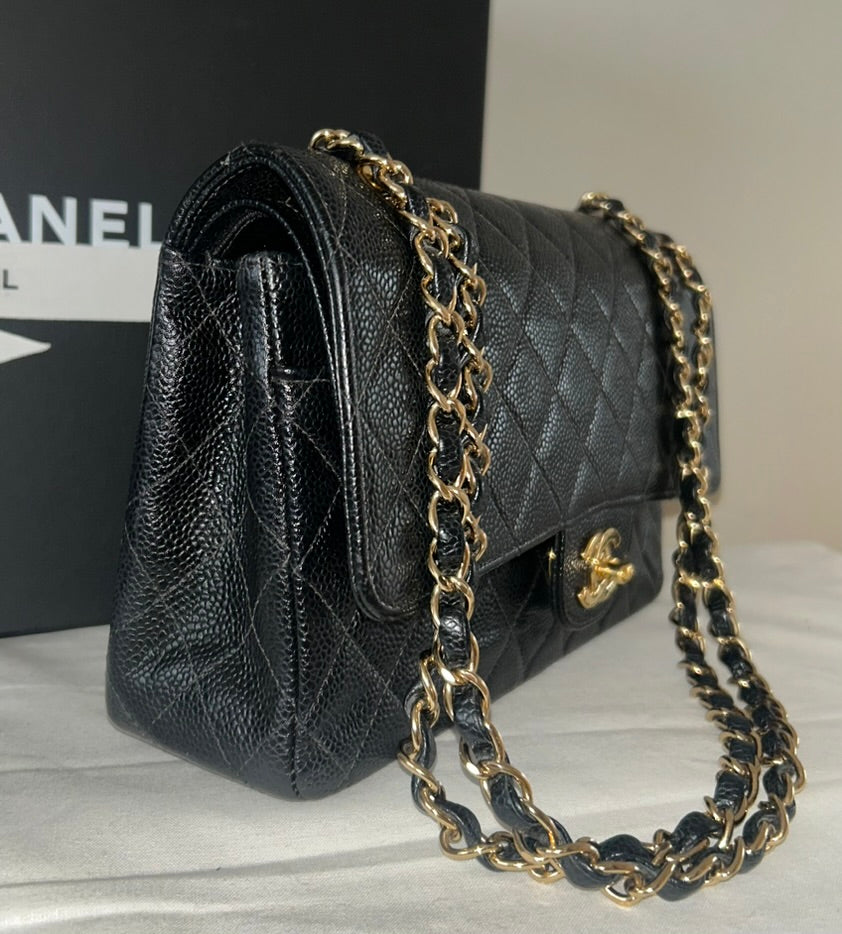 CHANEL Classic Medium Double Flap Quilted Caviar Leather Handbag Black/24K Gold