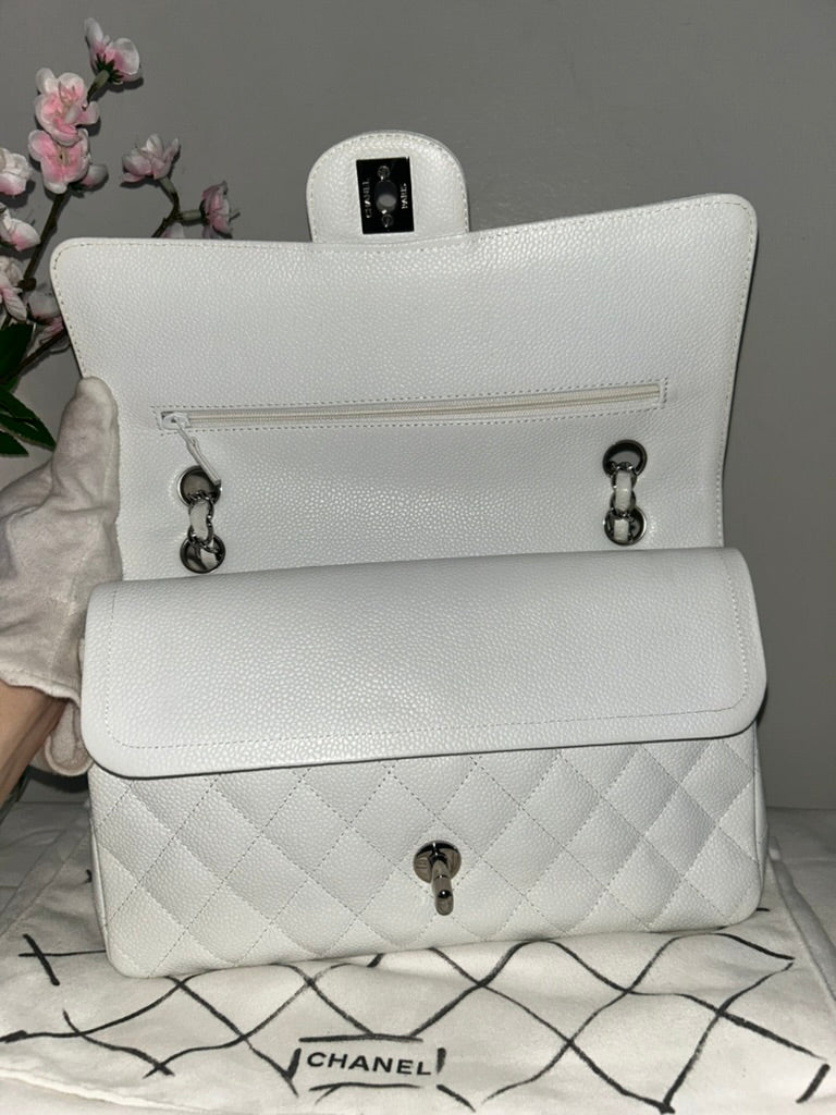 CHANEL Classic Medium Double Flap Caviar Quilted Handbag White