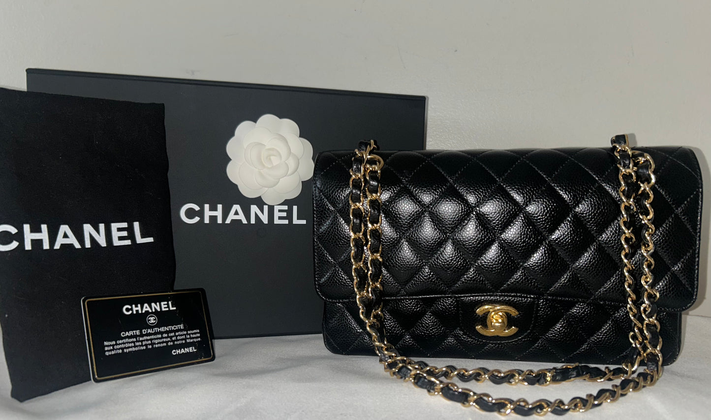 CHANEL Medium Classic Double Flap Caviar Quilted Handbag Black / Gold