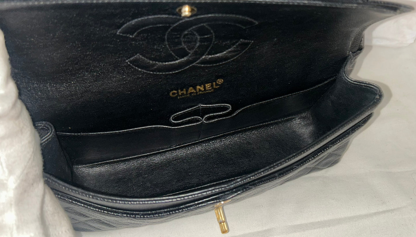 CHANEL Classic Medium Double Flap Quilted Caviar Leather Handbag Black/24K Gold