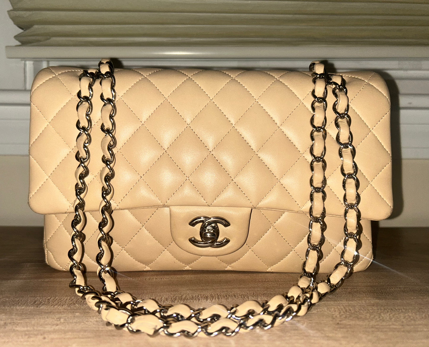 CHANEL Medium Classic Double Flap Quilted Lambskin Leather Handbag Beige Clair