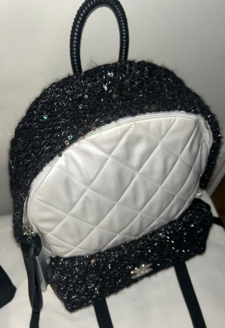 CHANEL Tweed Nylon Quilted Astronaut Essentials Medium Backpack in White/Black