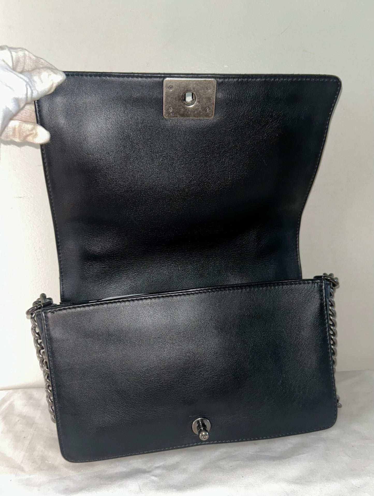 CHANEL Calfskin Enchained Chains New Medium Boy Flap Bag Black