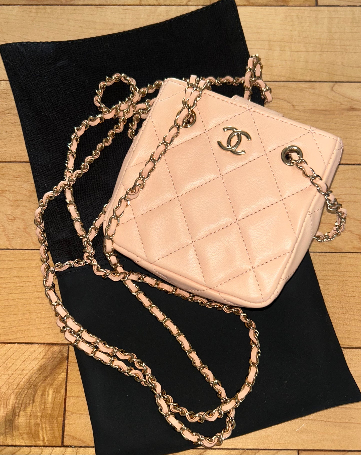 CHANEL Tiny Shopper Clutch With Chain Crossbody Quilted Lambskin Pale Pink