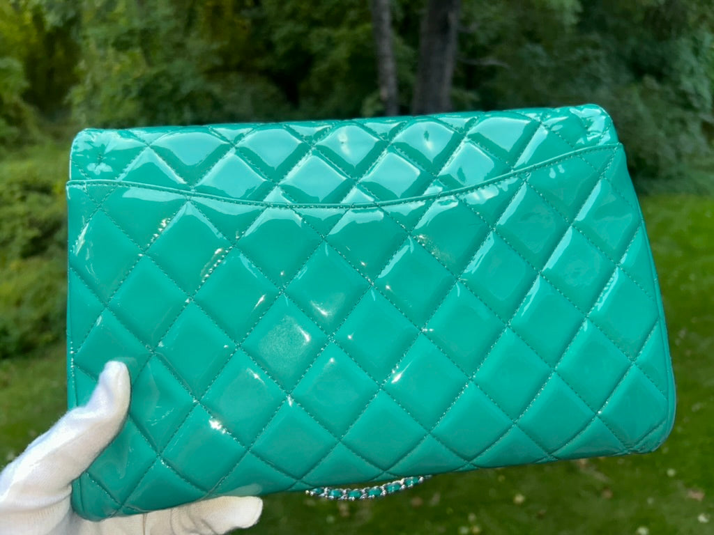 CHANEL CC Classic Quilted Patent Leather Single Flap Shoulder Bag Turquoise