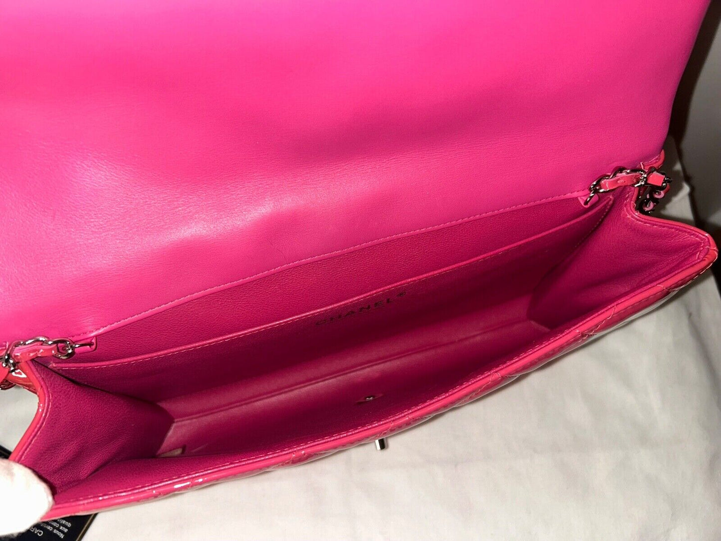 CHANEL Classic CC Quilted Flap Shoulder Bag Patent Leather Fuchsia Pink