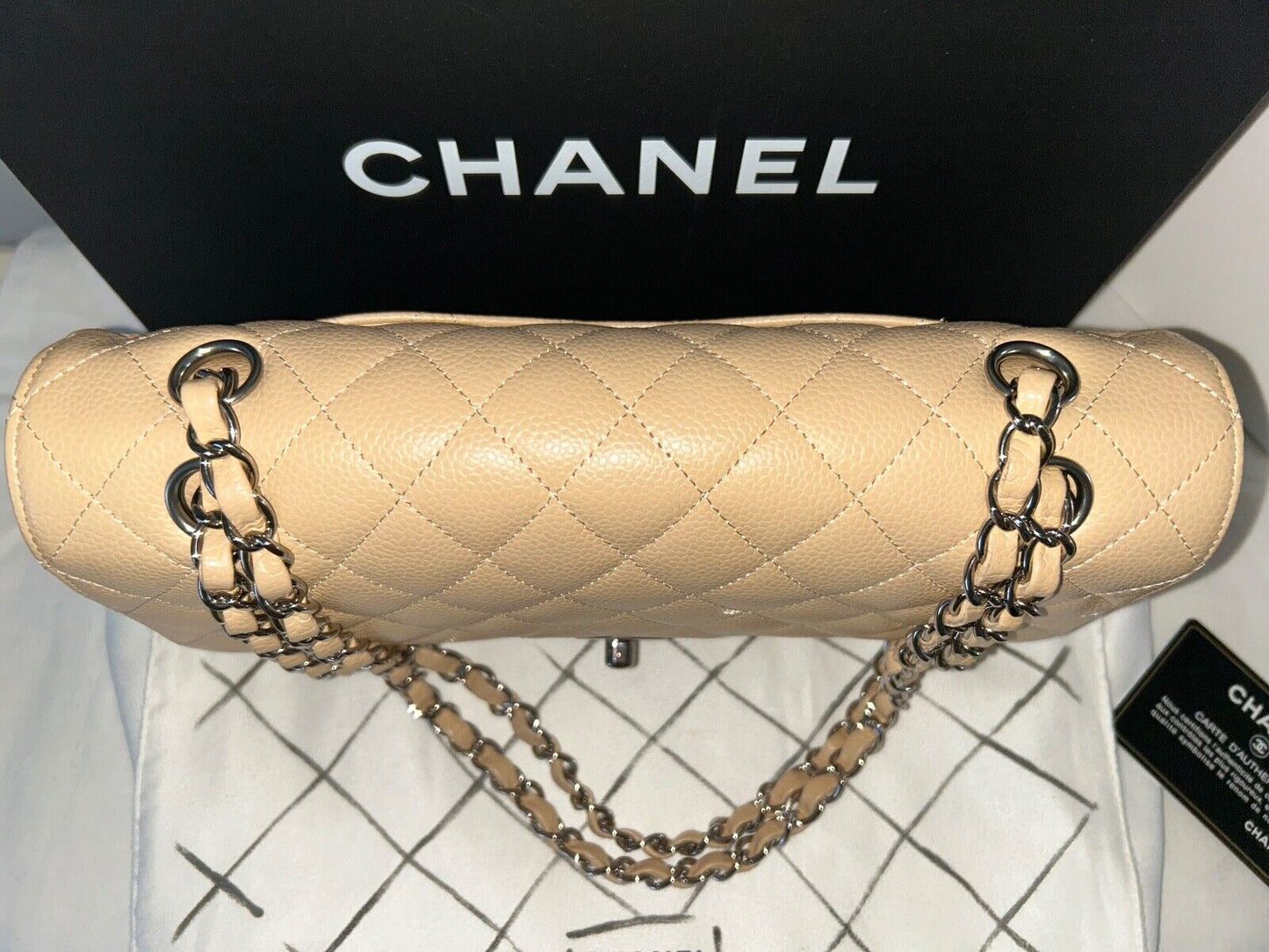 CHANEL Classic Medium Double Flap Caviar Quilted Handbag Beige Clair
