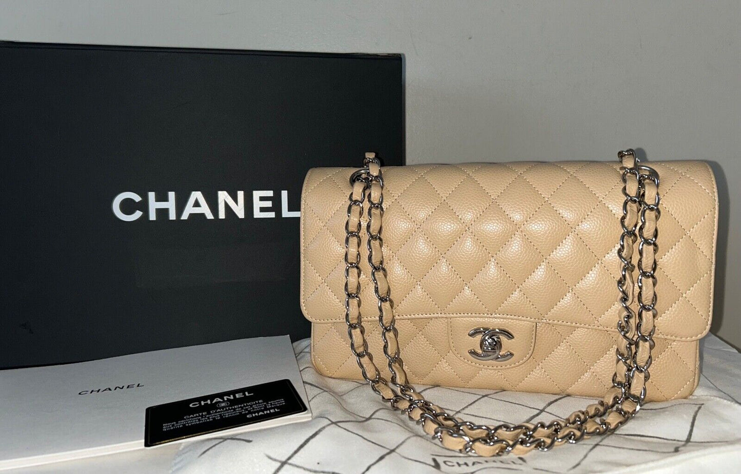 CHANEL Classic Medium Double Flap Caviar Quilted Handbag Beige Clair