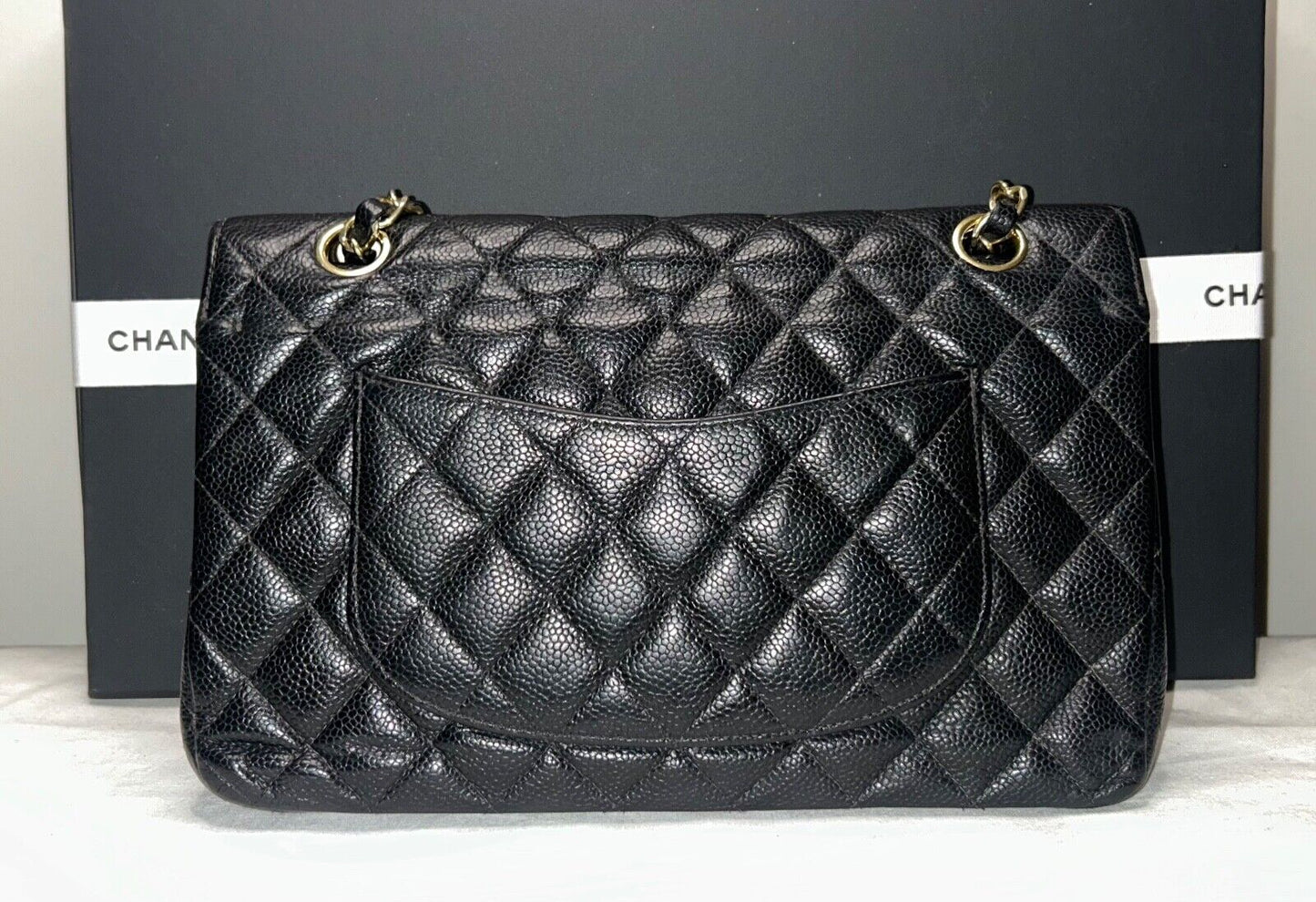 CHANEL Classic Medium Double Flap Quilted Caviar Leather Handbag Black 24K Gold