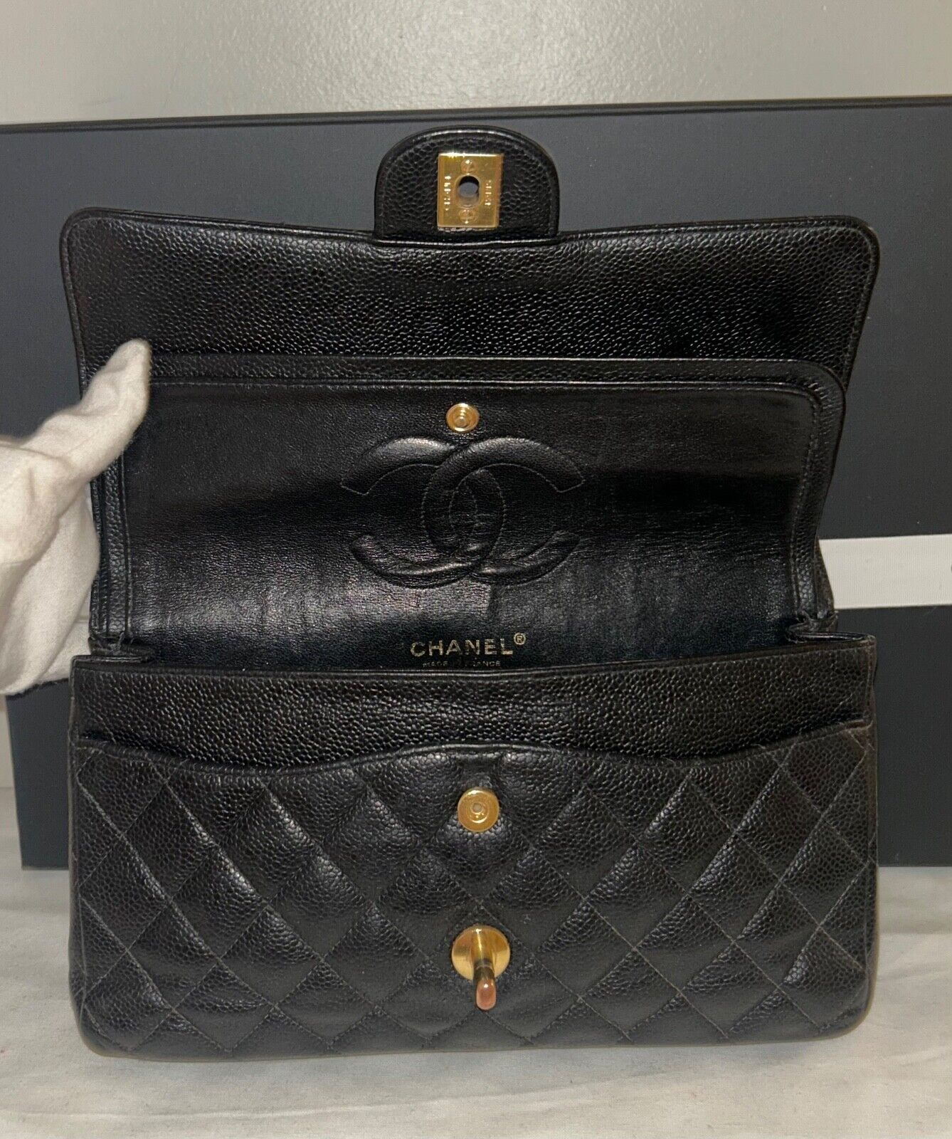 CHANEL Classic Medium Double Flap Quilted Caviar Leather Handbag Black 24K Gold