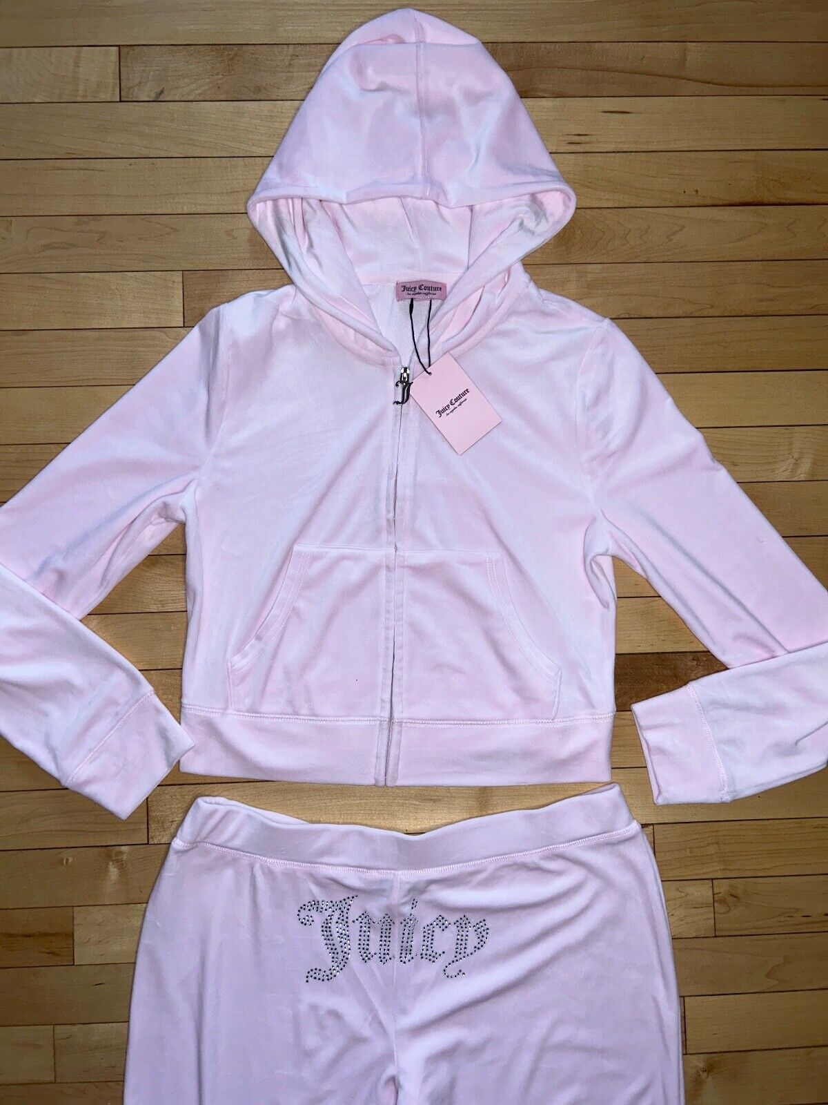 NEW! JUICY COUTURE Velour OG Bling Tracksuit Hoodie & Pant Set Soft Glow Pink L
