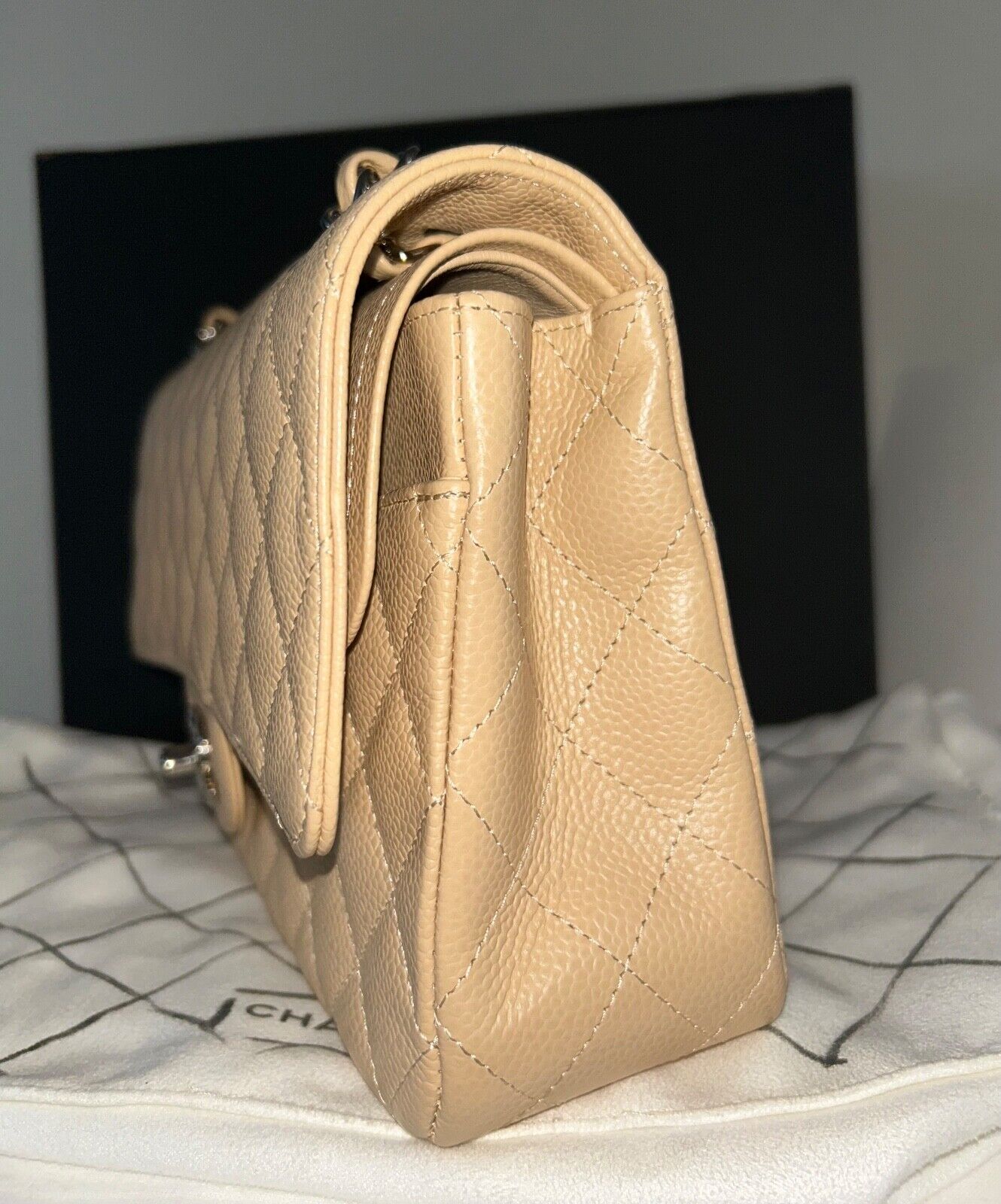 CHANEL Classic Medium Double Flap Caviar Quilted Handbag Beige Clair
