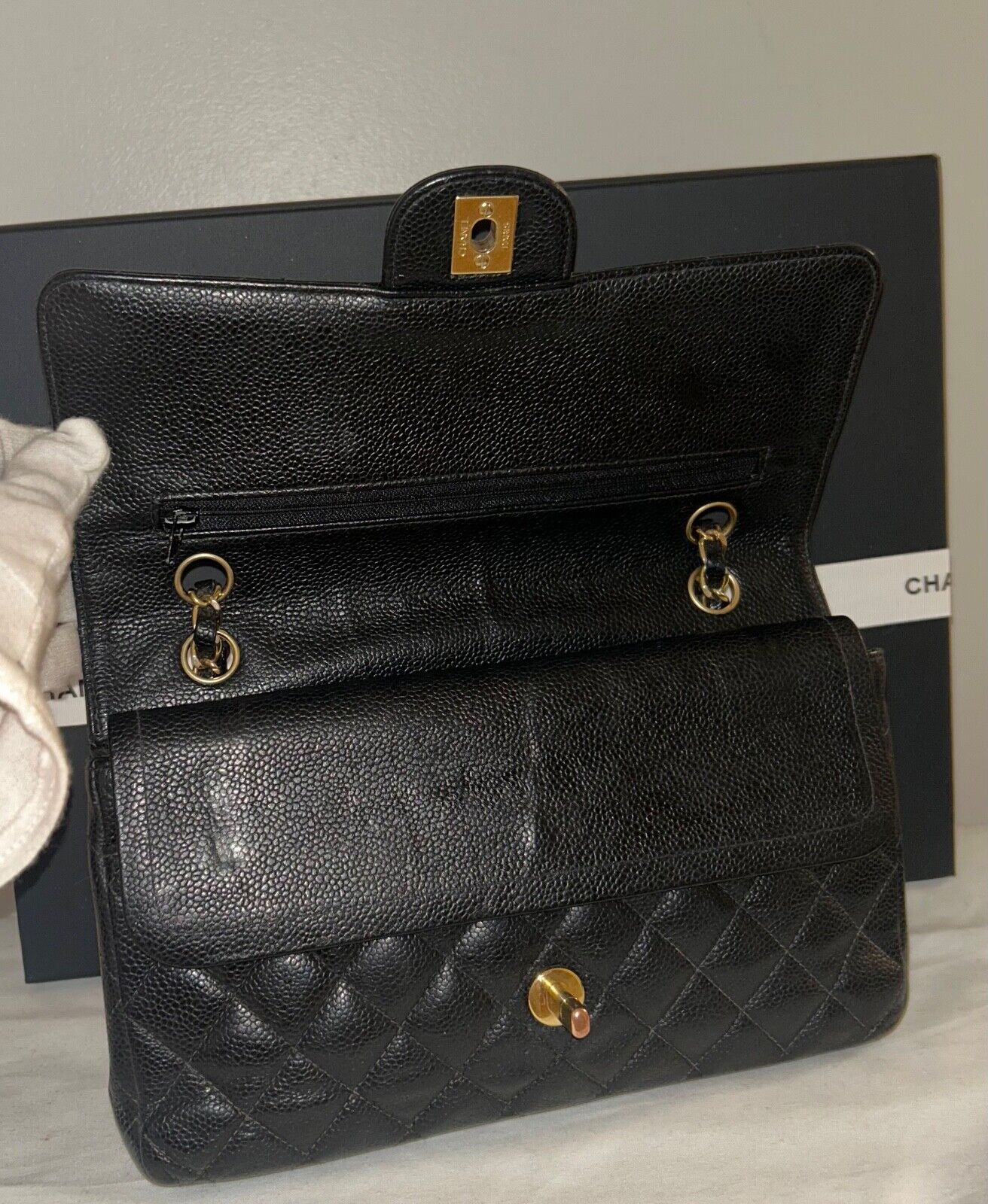 CHANEL Classic Medium Double Flap Quilted Caviar Leather Handbag Black 24K Gold