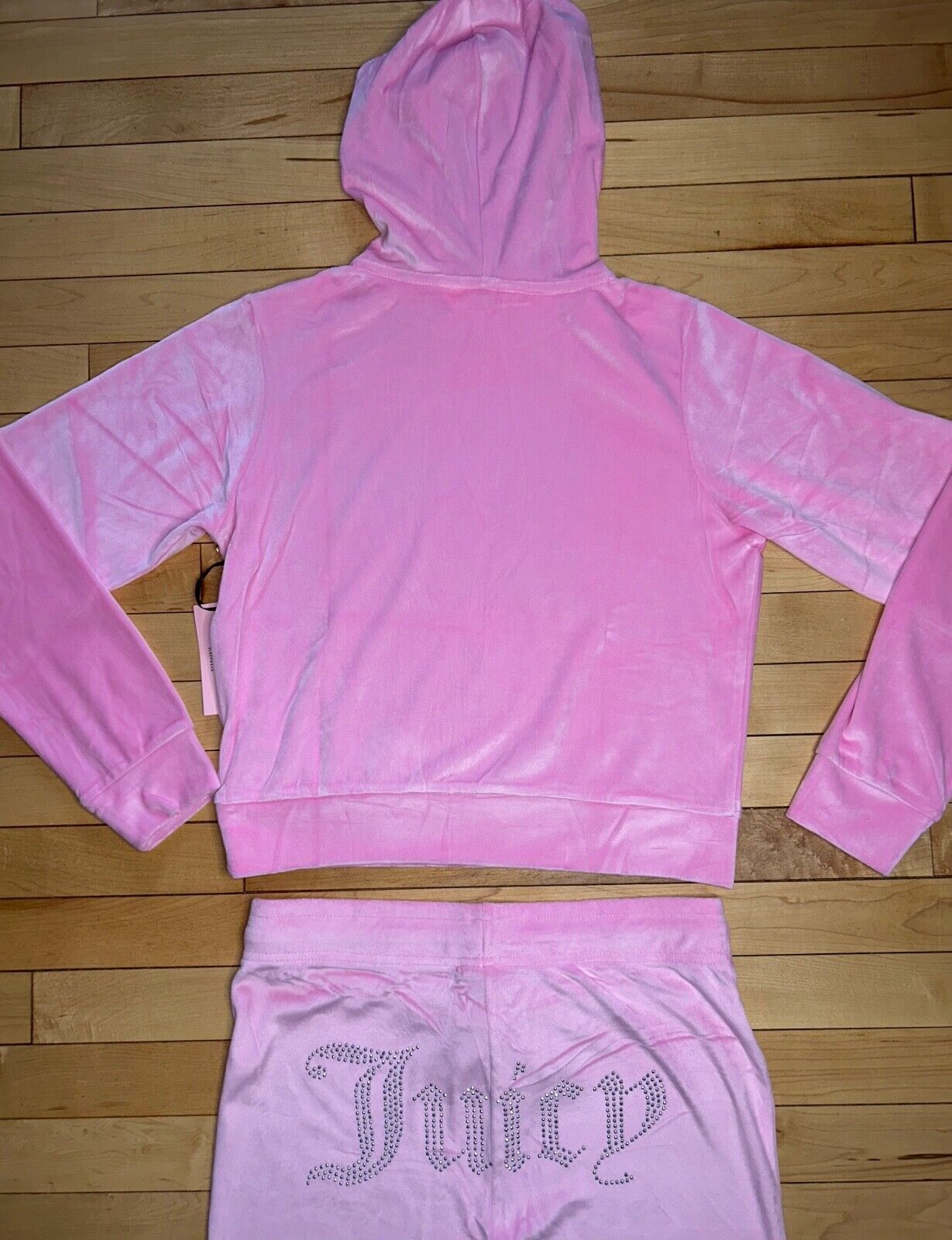 NEW! NWT JUICY COUTURE Velour OG Big Bling Hoodie & Pant Set Pink Status Size L