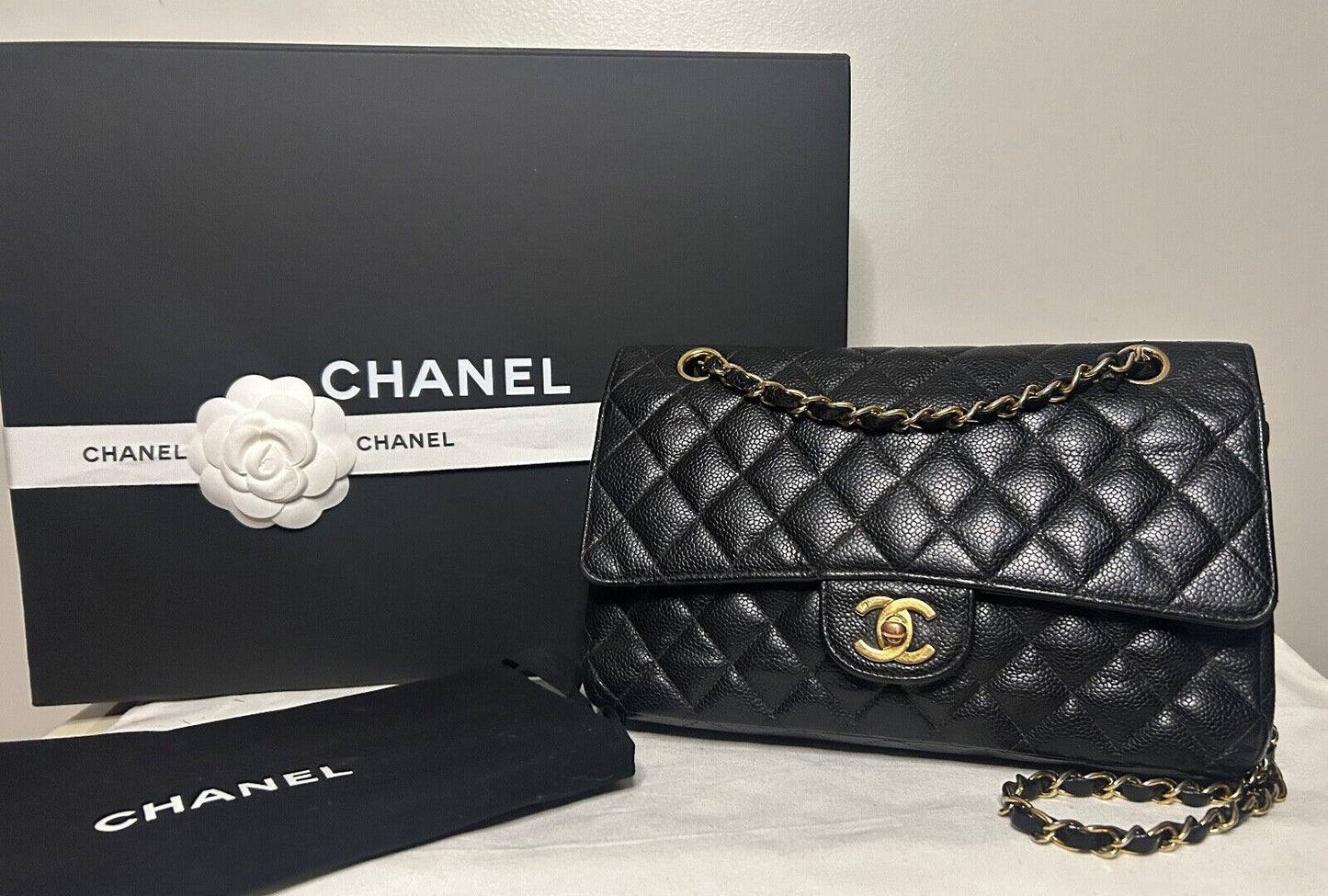 CHANEL Classic Medium Double Flap Quilted Caviar Leather Handbag Black 24K Gold