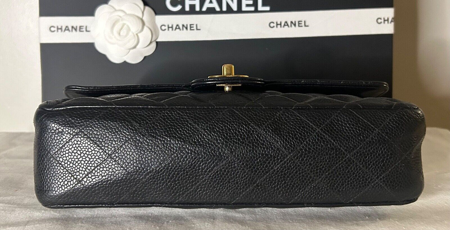 CHANEL Classic Medium Double Flap Quilted Caviar Leather Handbag Black 24K Gold