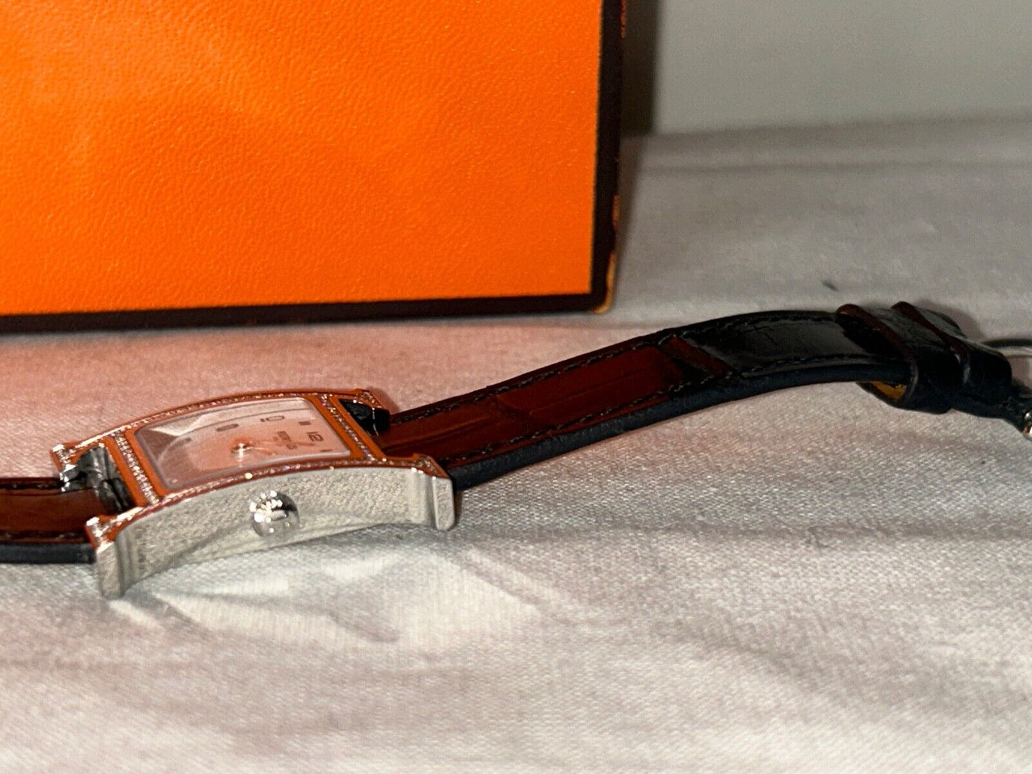 HERMES Heure H Watch Diamond Bezel Alligator Noir Black
