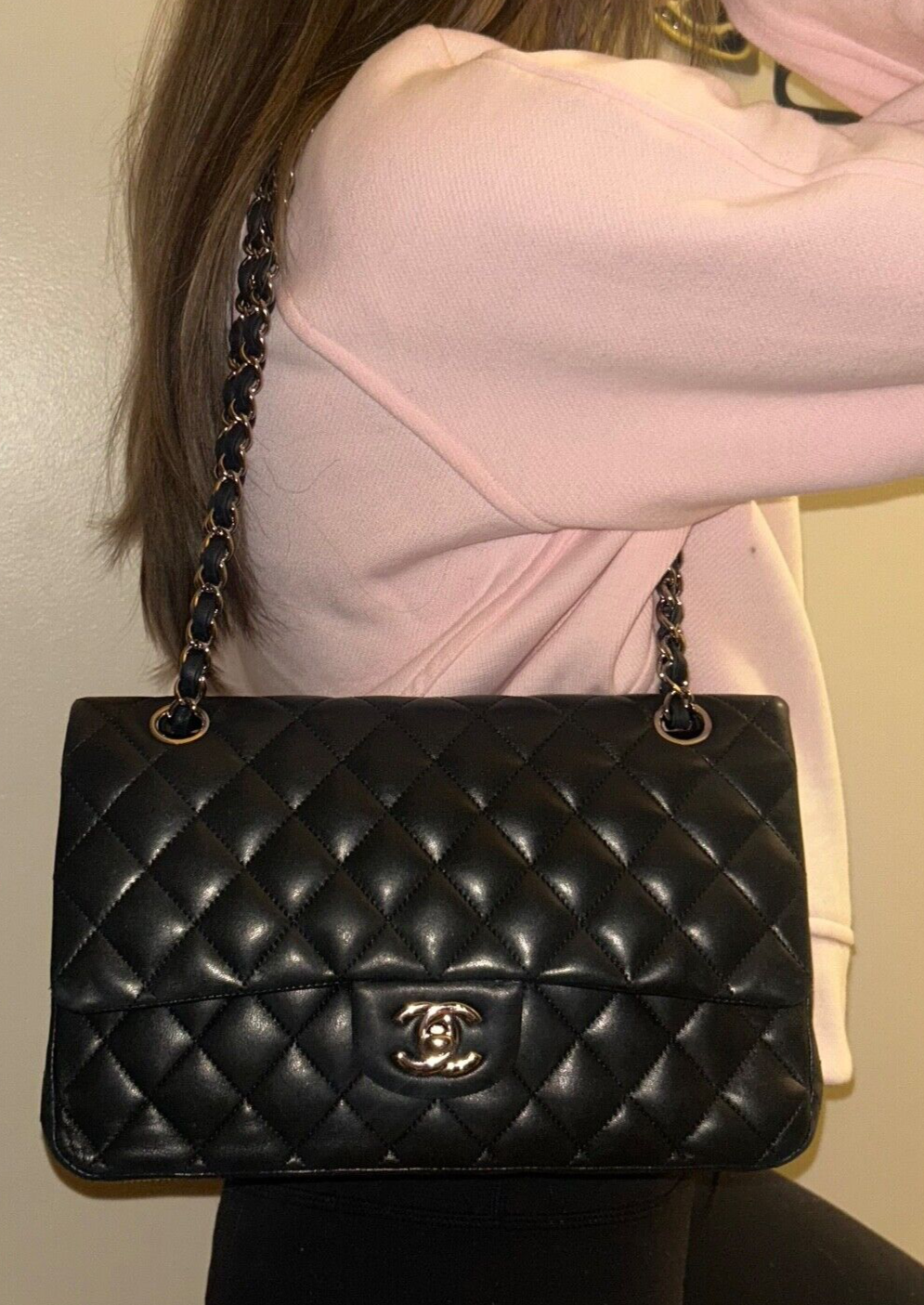 CHANEL Classic Medium Double Flap Lambskin Quilted Handbag Black