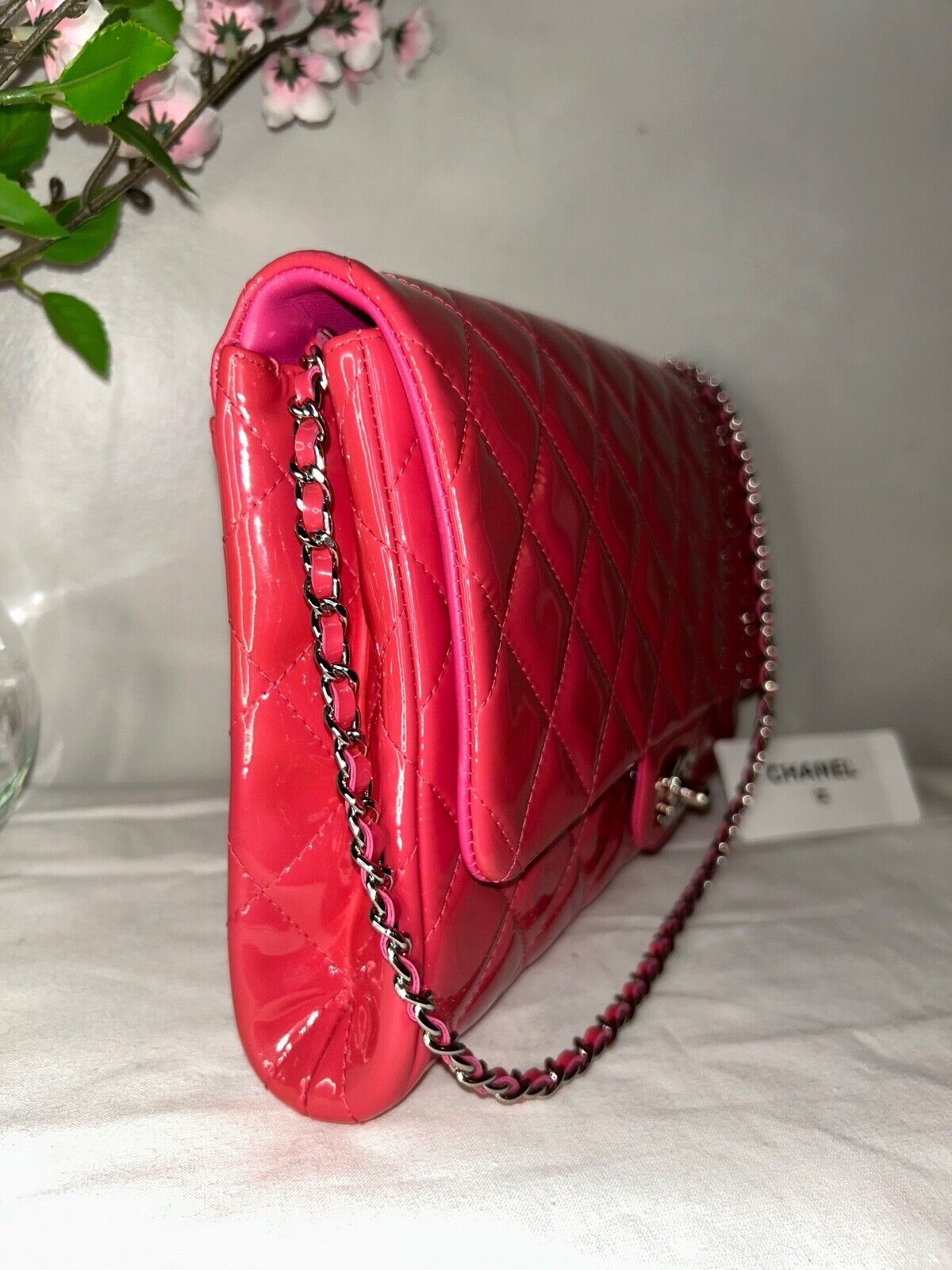 CHANEL Classic CC Quilted Flap Shoulder Bag Patent Leather Fuchsia Pink