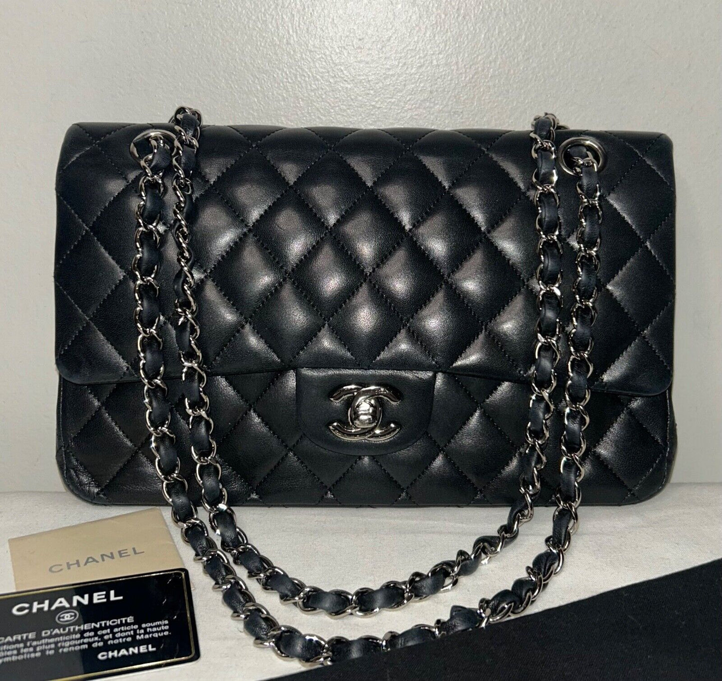 CHANEL Classic Medium Double Flap Lambskin Quilted Handbag Black