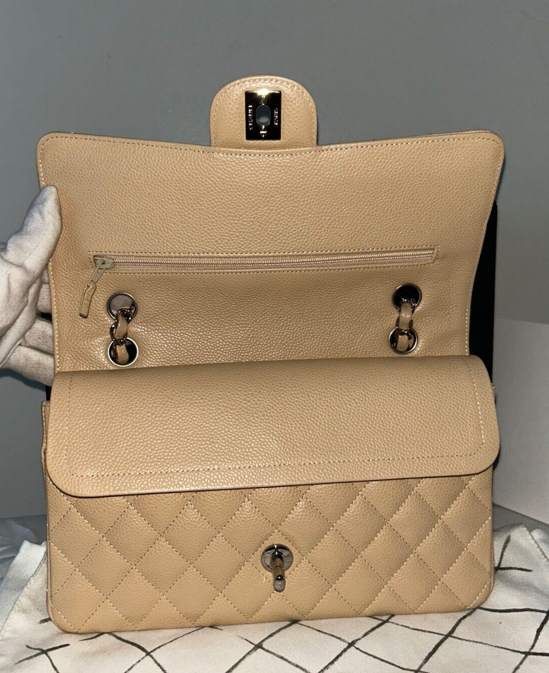 CHANEL Classic Medium Double Flap Caviar Quilted Handbag Beige Clair
