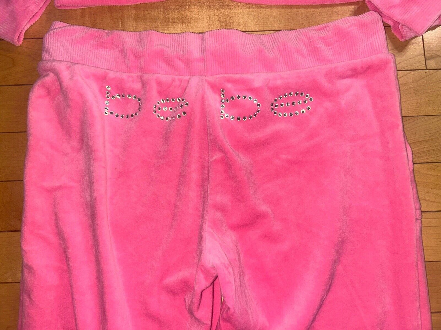 NEW! NWT BEBE Bling Velour Rhinestone Logo Tracksuit Hoodie & Pant Set Pink L