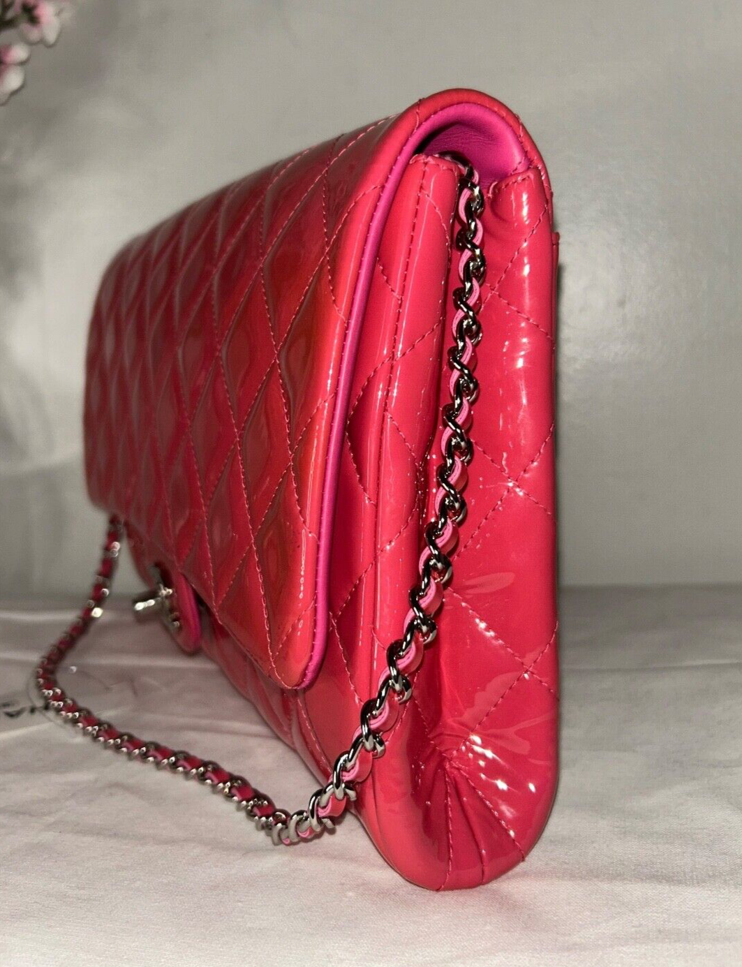CHANEL Classic CC Quilted Flap Shoulder Bag Patent Leather Fuchsia Pink