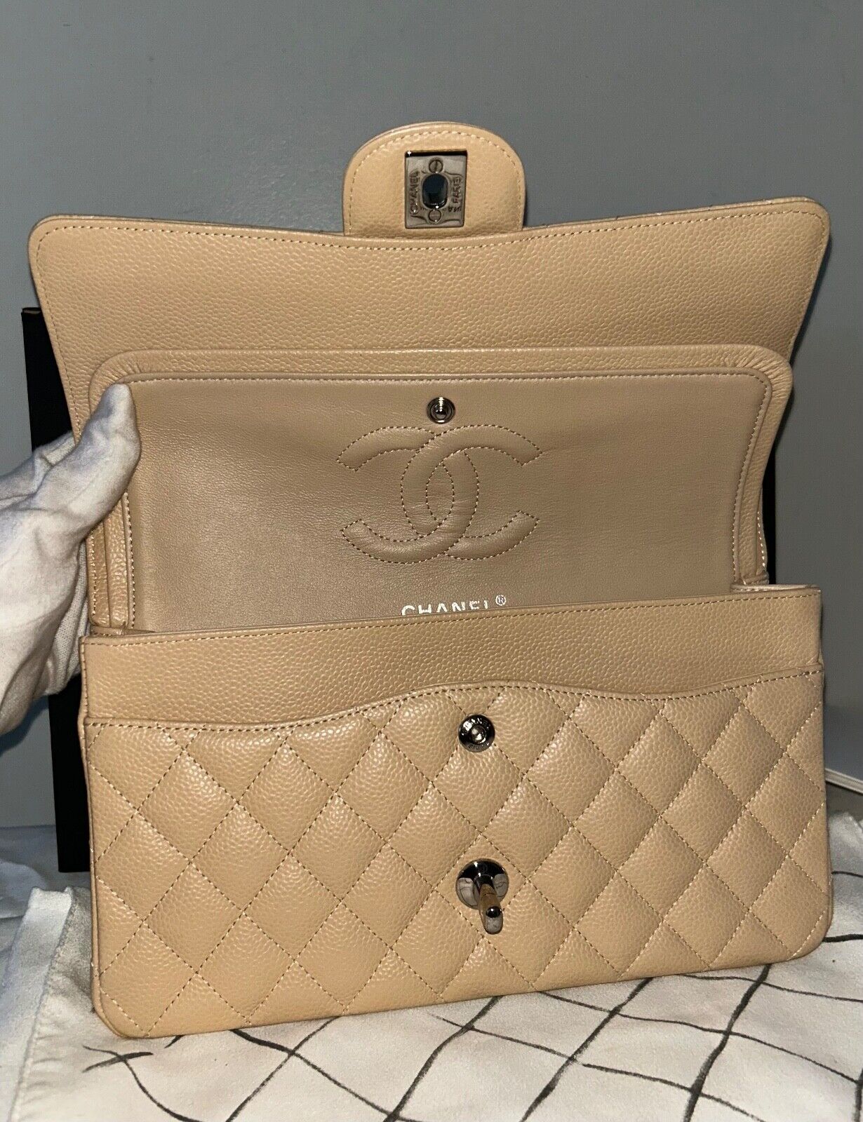 CHANEL Classic Medium Double Flap Caviar Quilted Handbag Beige Clair