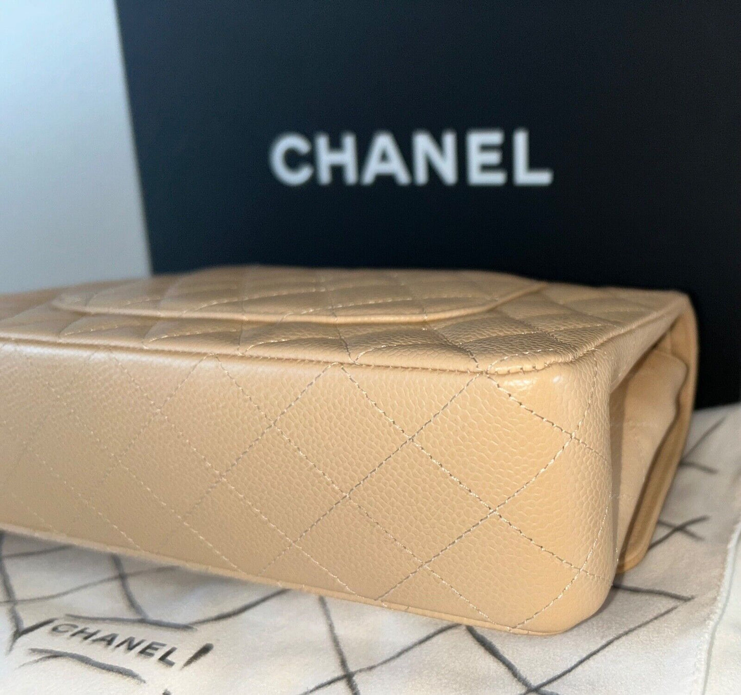 CHANEL Classic Medium Double Flap Caviar Quilted Handbag Beige Clair