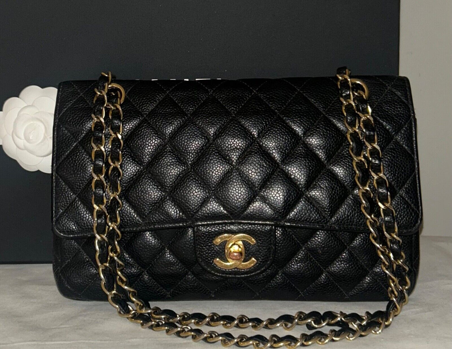 CHANEL Classic Medium Double Flap Quilted Caviar Leather Handbag Black 24K Gold