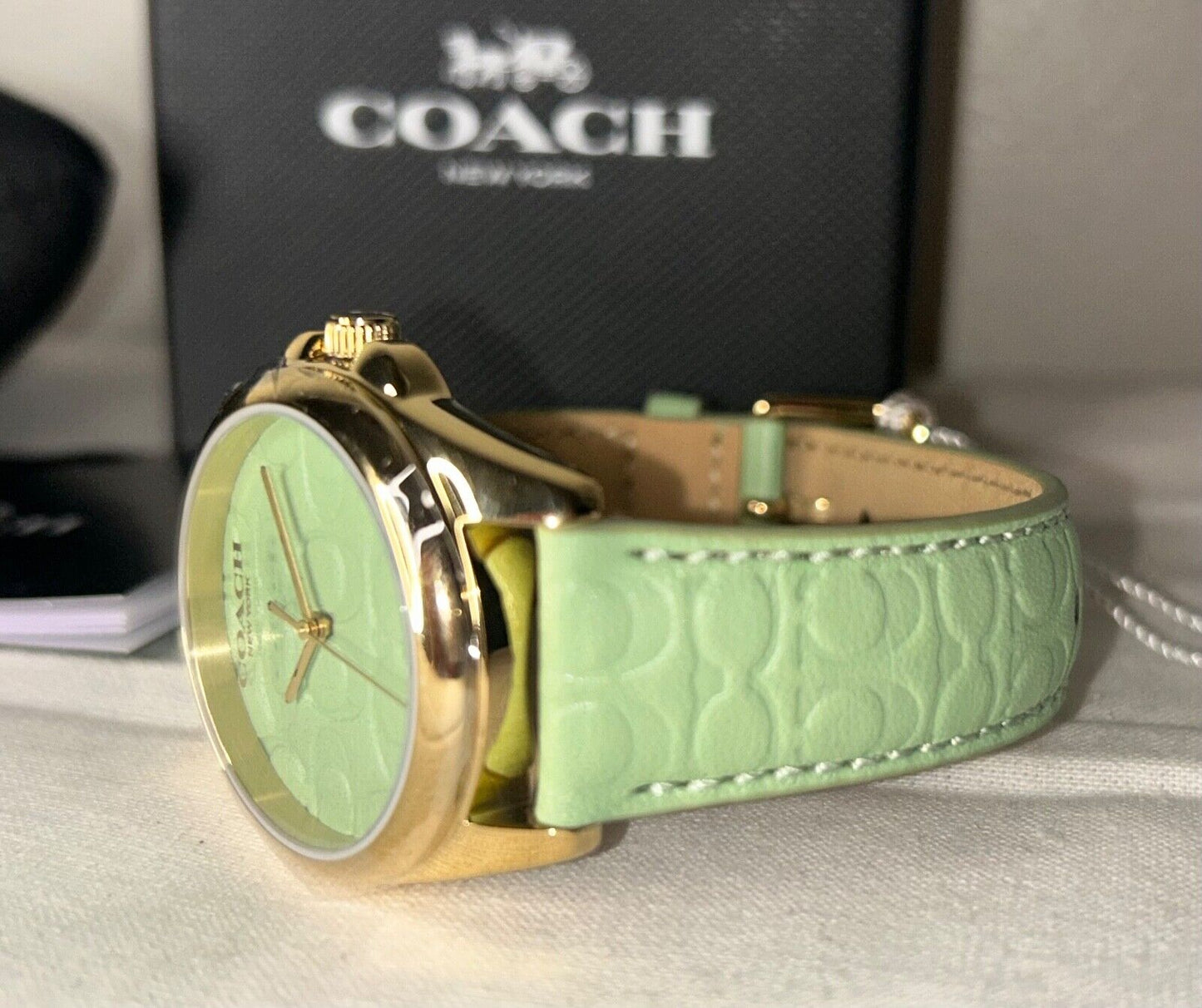 NEW ! NWT COACH Greyson Signature C Embossed Leather Watch Green
