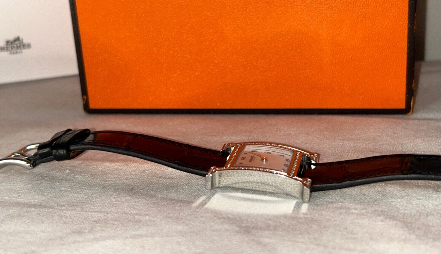 HERMES Heure H Watch Diamond Bezel Alligator Noir Black