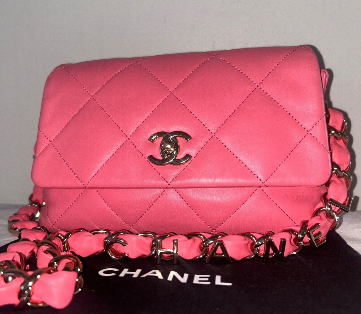 CHANEL CC Small Logo Strap Quilted Lambskin Shoulder Bag Pink / Gold Hardware