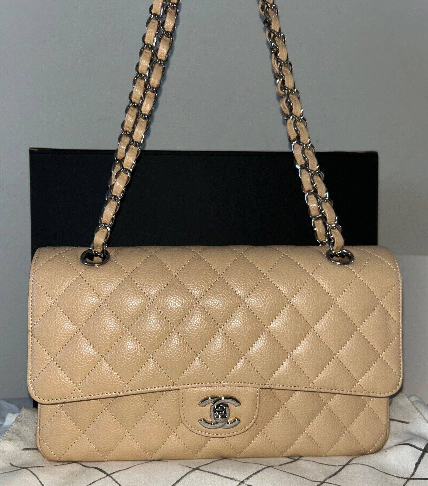 CHANEL Classic Medium Double Flap Caviar Quilted Handbag Beige Clair