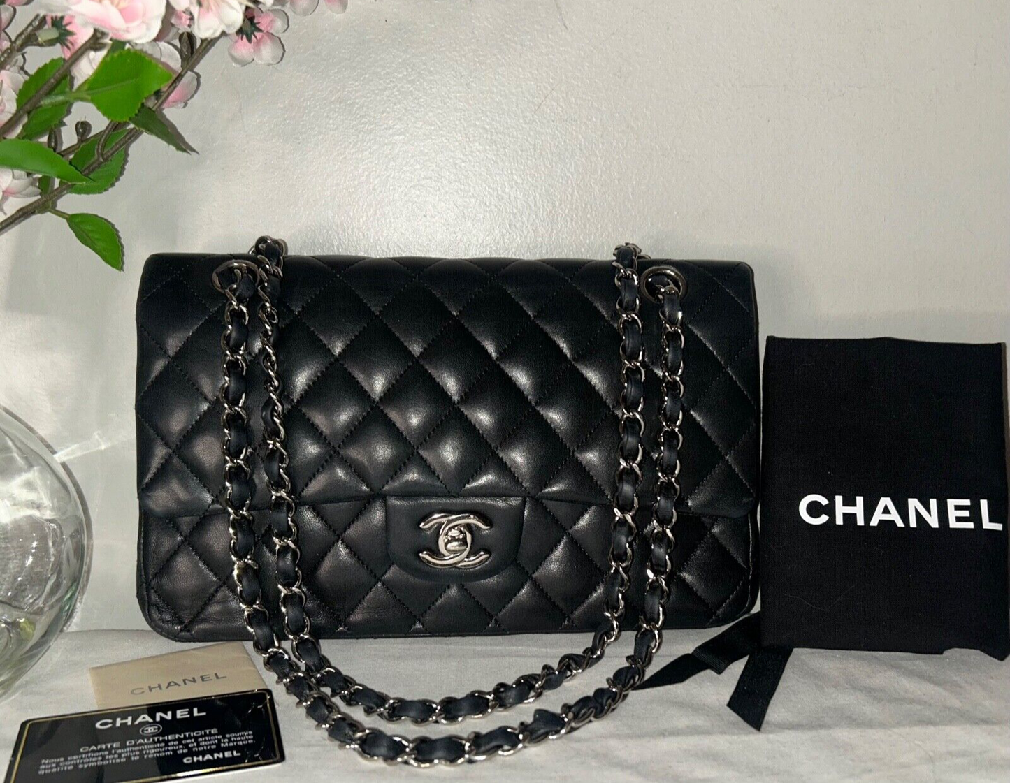 CHANEL Classic Medium Double Flap Lambskin Quilted Handbag Black