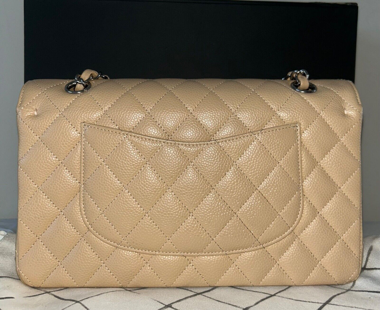 CHANEL Classic Medium Double Flap Caviar Quilted Handbag Beige Clair