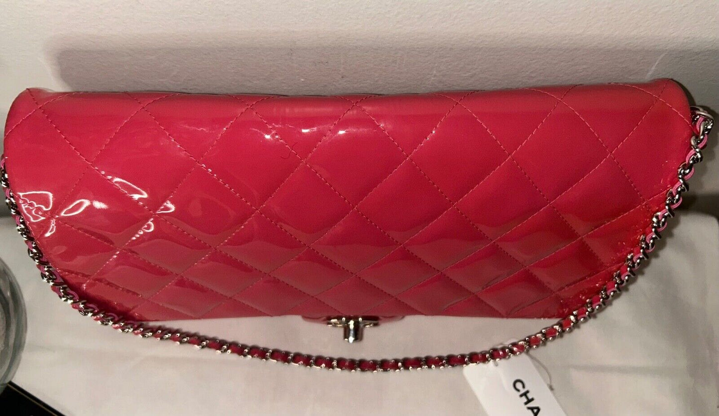 CHANEL Classic CC Quilted Flap Shoulder Bag Patent Leather Fuchsia Pink