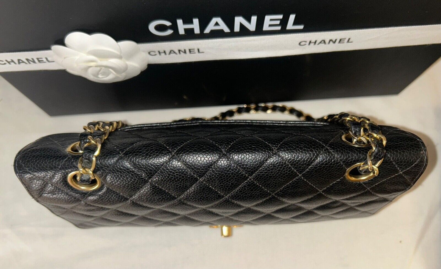 CHANEL Classic Medium Double Flap Quilted Caviar Leather Handbag Black 24K Gold