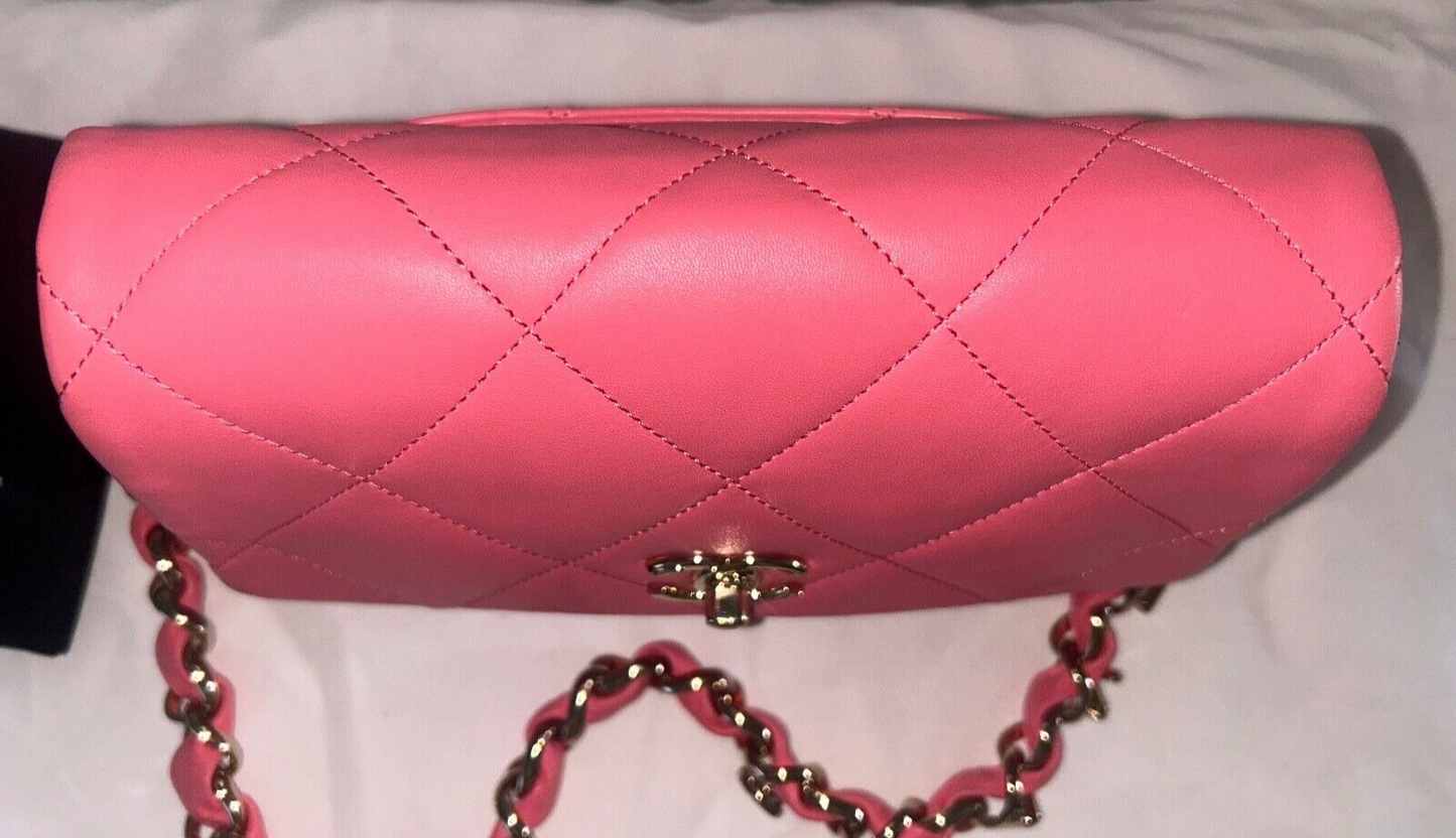 CHANEL CC Small Logo Strap Quilted Lambskin Shoulder Bag Pink / Gold Hardware