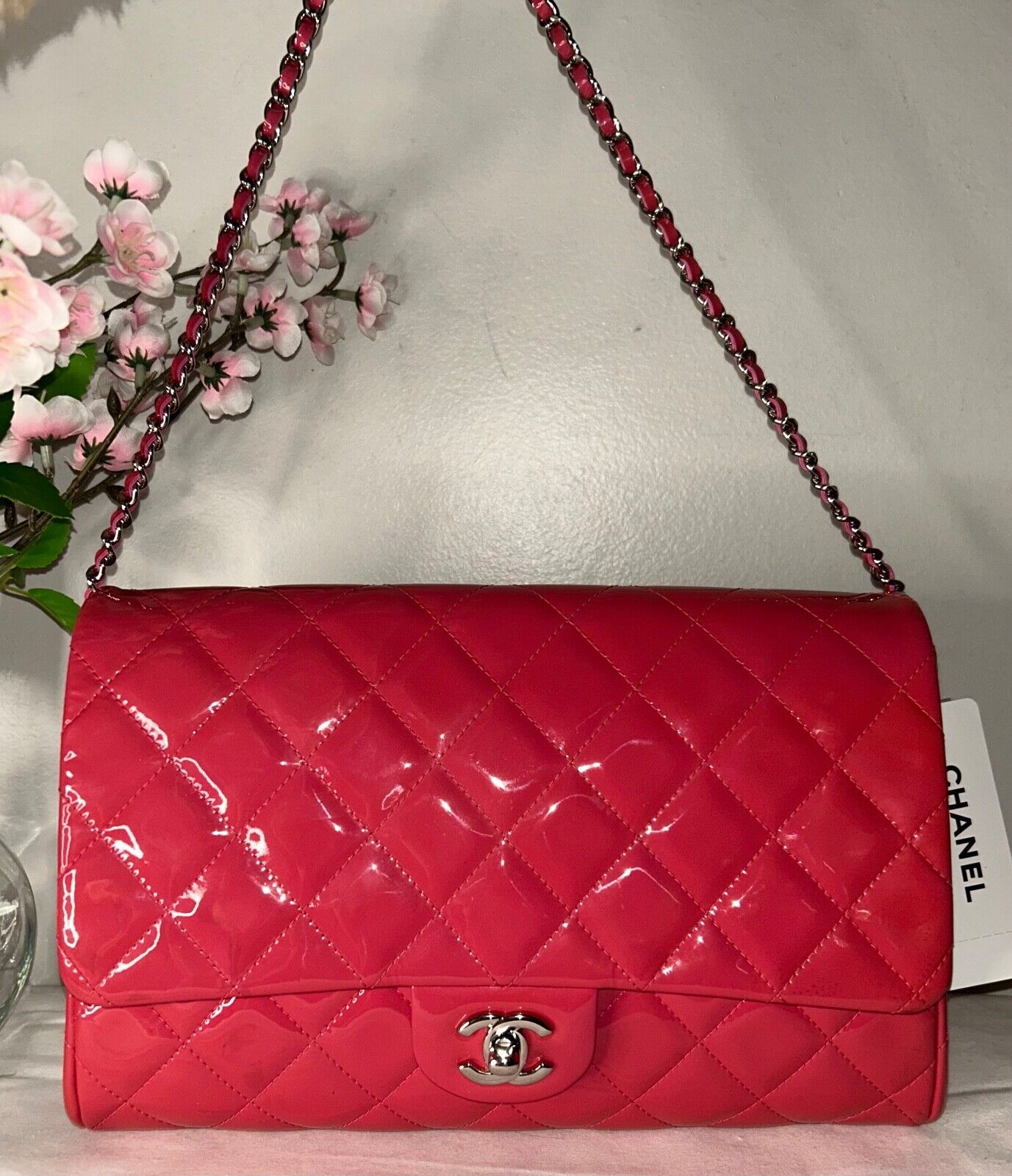 CHANEL Classic CC Quilted Flap Shoulder Bag Patent Leather Fuchsia Pink