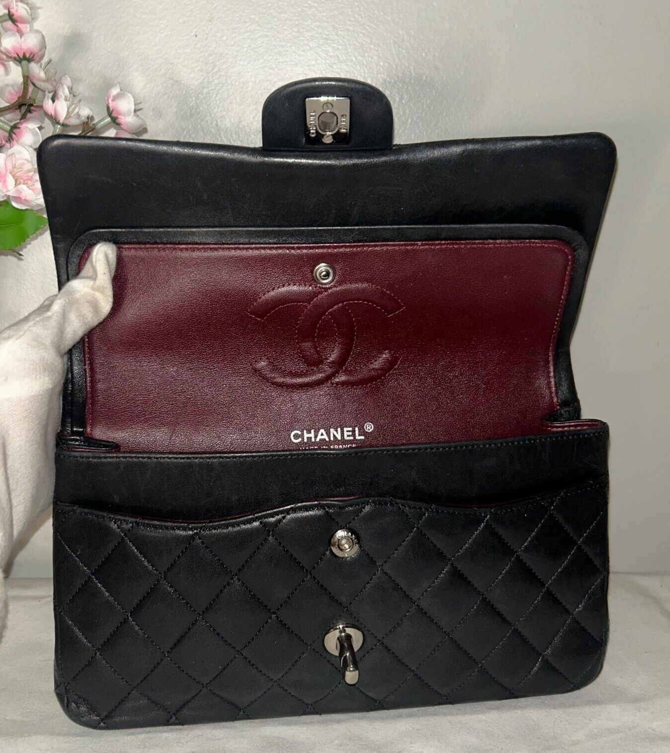 CHANEL Classic Medium Double Flap Lambskin Quilted Handbag Black