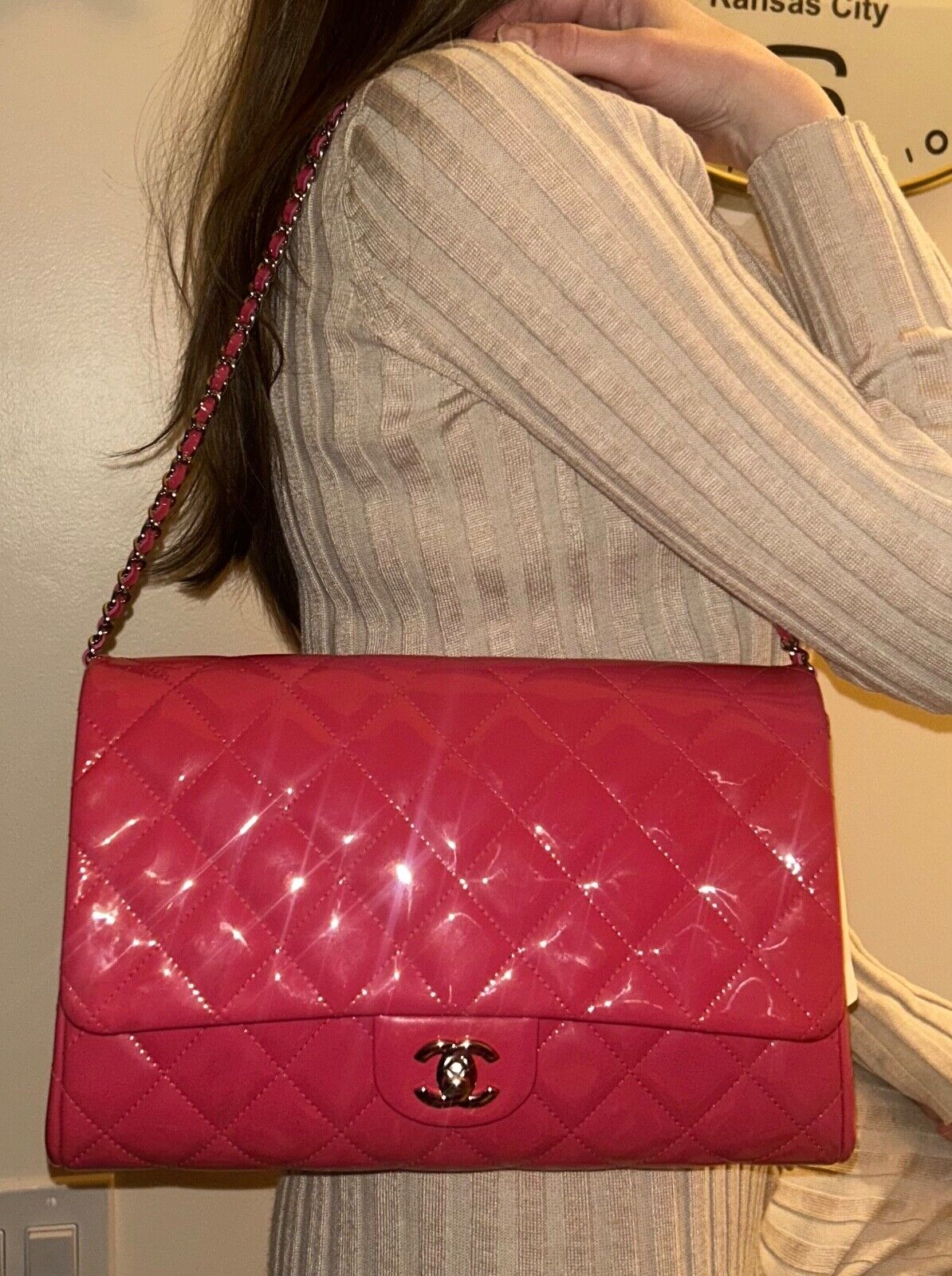 CHANEL Classic CC Quilted Flap Shoulder Bag Patent Leather Fuchsia Pink
