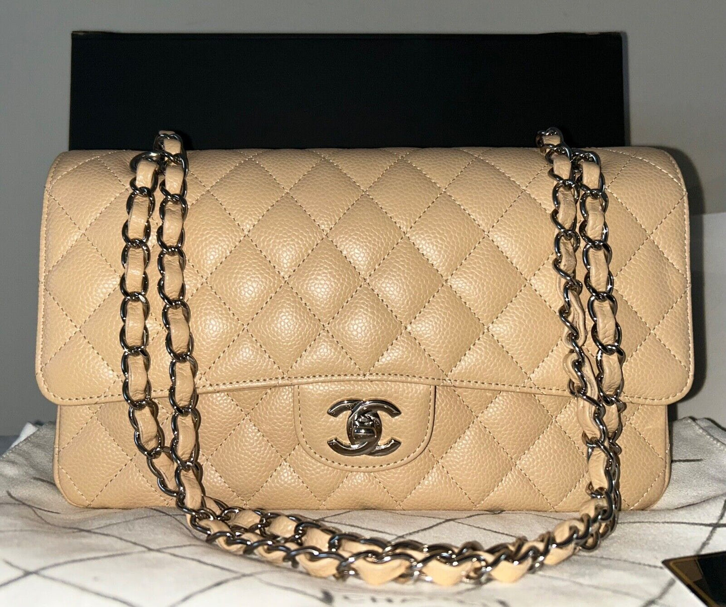 CHANEL Classic Medium Double Flap Caviar Quilted Handbag Beige Clair